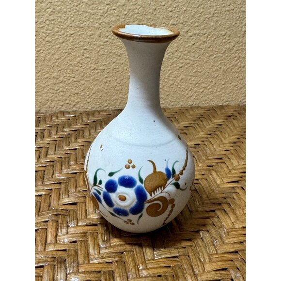 Mexican Tonala Bud Vase Signed Folk Art Hand Painted Flower Sandstone - Picture 2 of 13